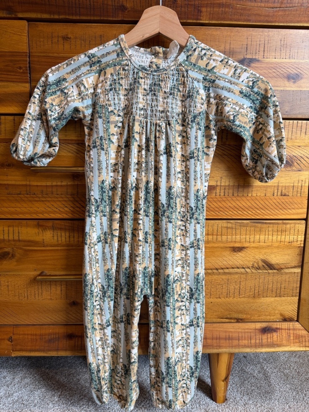 Kate Quinn Girls Long Floral Smocked Jumpsuit in Cream, Green & Tan